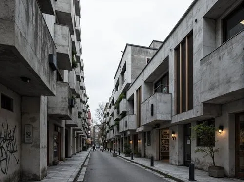 Gainsboro-inspired brutalist architecture, monochromatic color scheme, weathered concrete textures, rugged stone walls, industrial metal accents, minimalist ornamentation, functional simplicity, urban