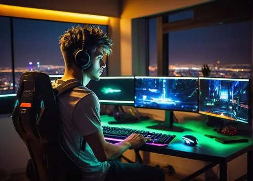 Gaming setup creator, young adult, male, messy short hair, casual wear, graphic t-shirt, ripped jeans, sneakers, multiple monitors, high-performance gaming PC, keyboard, mouse, headset, ergonomic chai