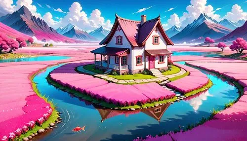 dreamhouse,home landscape,candyland,fantasy landscape,3d fantasy,pink grass,cartoon video game background,fairy village,beautiful home,fairyland,purple landscape,virtual landscape,fairy world,lonely house,wonderland,landscape background,witch's house,roof landscape,wonderlands,house with lake,Anime,Anime,General