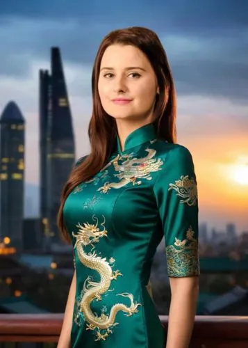 A young woman wearing a cheongsam dress

Light background, bright background

Perfect body, muscular body, She is facing the camera, Her body is facing the camera, her chest is facing the camera, roun