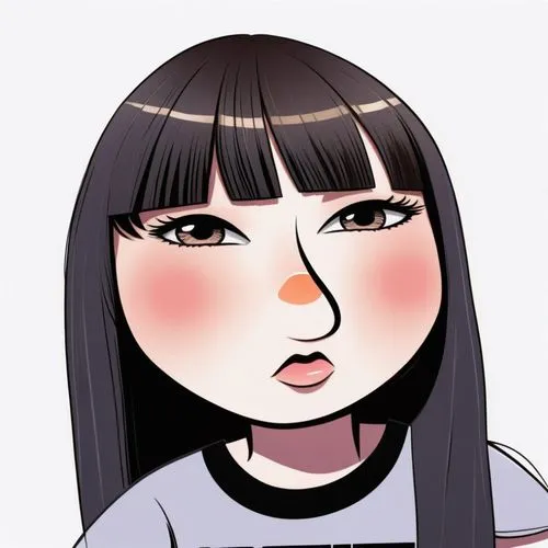 Young woman, white skin,  long hair with bangs, asiatic eyes, straight black hair,  face eyelashes, round head, chubhy, cheeky, student t-shirt,  cartoon comic style ,a drawing of a woman with brown e