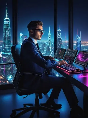 night administrator,blur office background,man with a computer,neon human resources,computer business,computer desk,computer workstation,modern office,lures and buy new desktop,ceo,cyber glasses,desktop computer,computer freak,lenovo,sysadmin,digital compositing,trading floor,connectcompetition,cyberpunk,stock exchange broker,Art,Artistic Painting,Artistic Painting 29