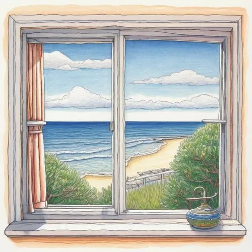 window with sea view,window,bedroom window,wood window,wooden windows,the window,french windows,window to the world,seaside view,window front,window view,sicily window,ocean view,window with shutters,watercolor frame,front window,open window,glass window,beach landscape,watercolour frame,Illustration,American Style,American Style 03