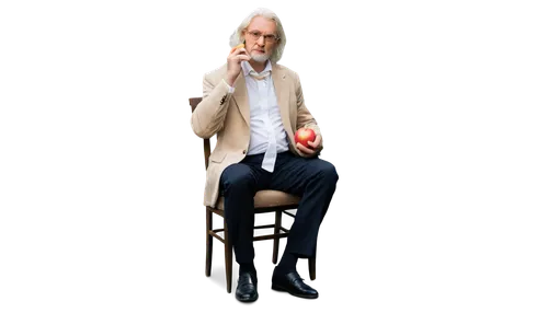 Sir Isaac Newton, old man, white hair, beard, glasses, formal wear, holding apple, sitting, thinking, relaxed posture, warm lighting, soft focus, cinematic composition, shallow depth of field, earth t