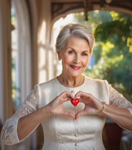 a beautyful mature lady give a heart sign,heart health,linen heart,red heart medallion in hand,heart and flourishes,heart care,care for the elderly,menopause,divine healing energy,heart icon,heart cli