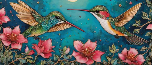 hummingbirds,humming bird pair,humming birds,bird painting,bird couple,flower and bird illustration,birds with heart,blue birds and blossom,songbirds,tropical birds,flamingo couple,garden birds,colorful birds,birds on a branch,hummingbird,parrot couple,flying birds,birds in flight,flamingos,peacocks carnation,Illustration,Abstract Fantasy,Abstract Fantasy 04