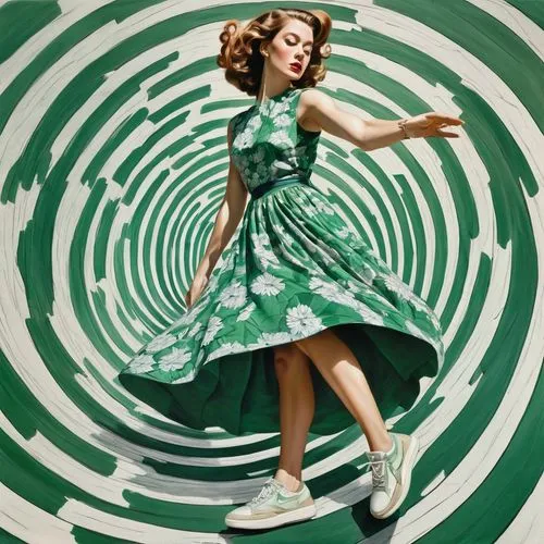 In an unexpected twist, a woman in a floral dress and a stylish pair of sneakers steps into a distorted perspective of a spiral. Her hair spins in unison, and her eyes sparkle with intensity. The dist