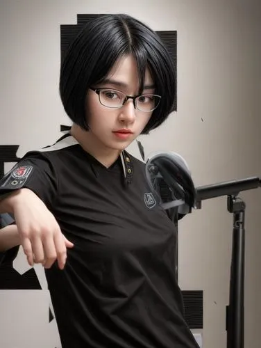 black hair wearing glasses,girl with gun,eskrima,woman holding gun,holding a gun,girl with a gun,baguazhang,swordswoman,wing chun,3d archery,archery,pointing gun,cosplay image,katniss,martial arts uni