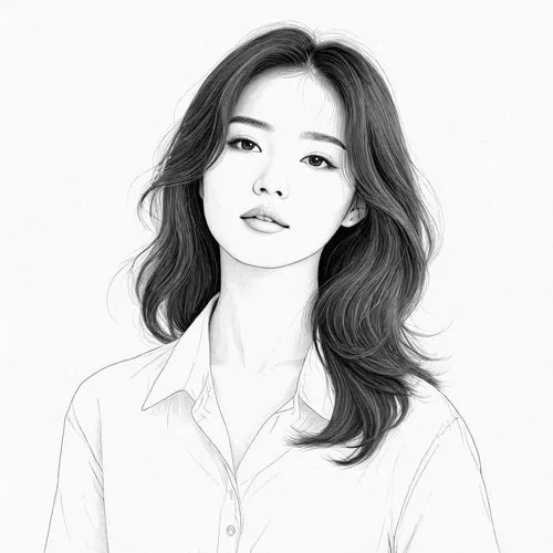 女生，白色衬衫，黑白，线稿，线条艺术,a pencil drawing of a woman wearing a shirt,angel line art,yoong,portrayer,ksh,mono line art,woori,Design Sketch,Design Sketch,Detailed Outline