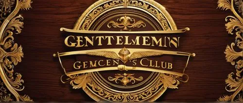 luxury gentlemen's club logo, golden metal emblem, intricate engravings, Victorian-era inspiration, ornate details, embossed patterns, dark wood background, dim lighting, leather-bound books, cigar sm