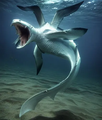 underwater predator with four fins,marine reptile,bronze hammerhead shark,hammerhead,bull shark,lissotriton,tiger shark,pacific sturgeon,shark,great white shark,cetacea,requiem shark,sand tiger shark,