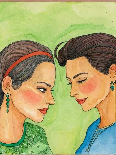 Two women who are fond of each other.,two women with ear rings on their heads,two girls,watercolor women accessory,gossipy,seana,khokhloma painting,jaszi,Illustration,Paper based,Paper Based 26