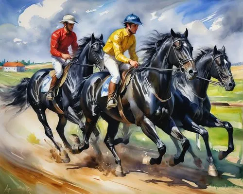 horse riders,lusitanos,racehorses,horseracing,horserace,horse and rider cornering at speed,Illustration,Paper based,Paper Based 11