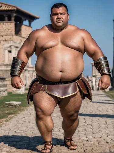 A chubby sumowrestler wearing ancient rome armors and straps on chest
Lots of body hair
Sweating a lot
Brown skin 
,sumo wrestler,fatayer,greek,barbarian,strongman,butomus,greek in a circle,fat,kappar