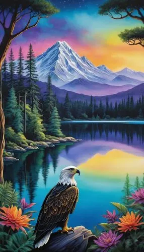 bird painting,landscape background,nature background,nature landscape,background view nature,art painting,mountain scene,mountain landscape,landscape nature,nature wallpaper,oil painting on canvas,american bald eagle,indigenous painting,eagen,owl nature,bird kingdom,beautiful landscape,colorful birds,bald eagle,fantasy picture,Conceptual Art,Fantasy,Fantasy 30