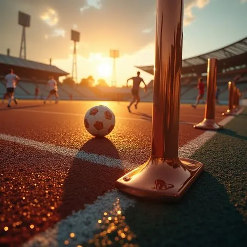 Copper sports equipment, athletic field, sunset, golden hour, low-angle shot, metallic texture, reflective surface, Olympic stadium, football players, rugby balls, tennis rackets, running tracks, goal