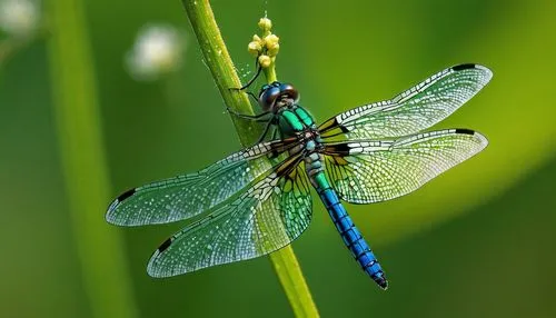 Delicate moth-dragonfly hybrid, iridescent wings with intricate patterns, slender body with furry thorax, large compound eyes in shimmering emerald green, feathery antennae, gentle fluttering, perched