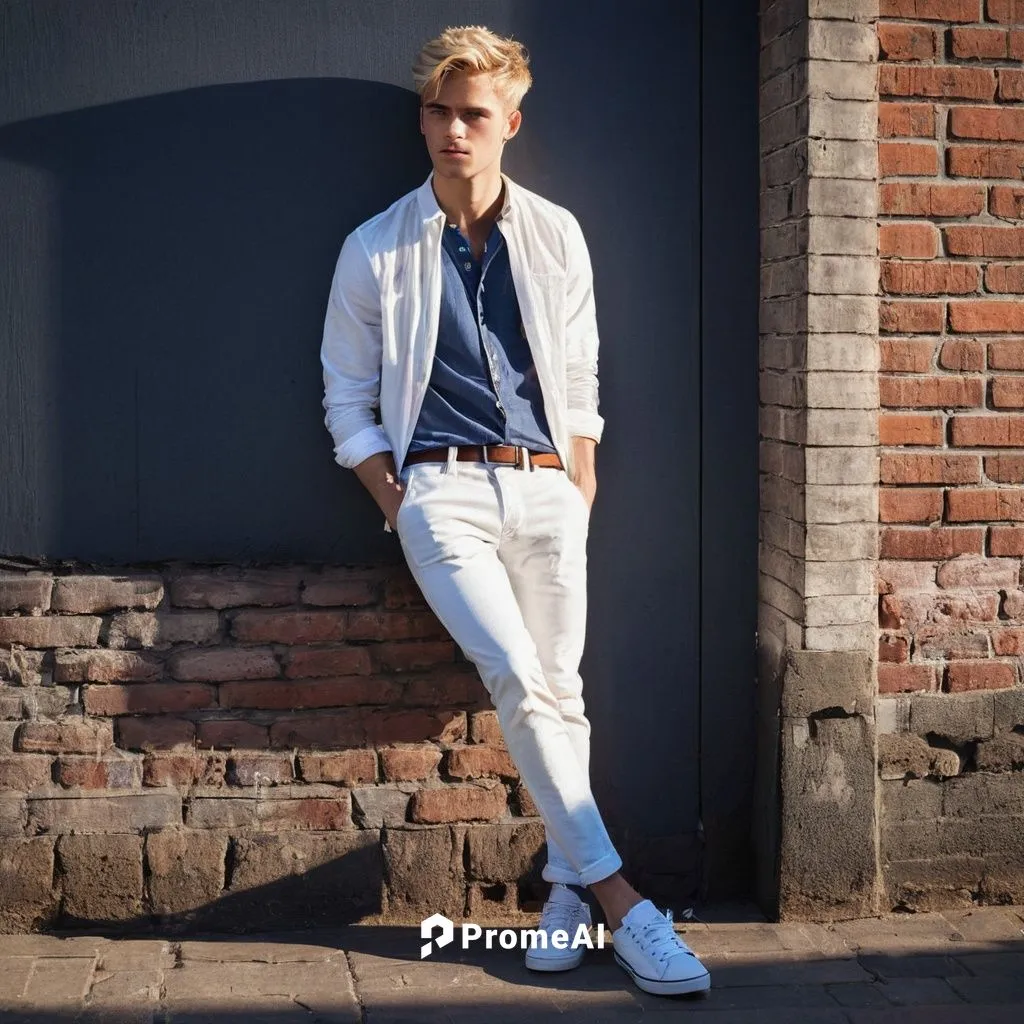 Male, young adult, short blonde hair, messy styling, blue eyes, sharp jawline, white shirt, casual denim pants, sneakers, leaning against a brick wall, urban street, afternoon sun, soft shadows, warm 