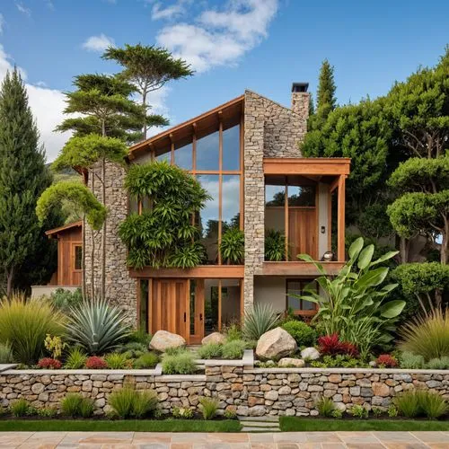 this is a house with beautiful gardens and green trees,mid century house,landscaped,beautiful home,modern house,house by the water,garden elevation,Photography,General,Realistic