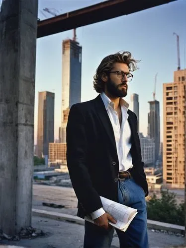 Male, architect, designer, 30s, bearded, glasses, messy hair, casual wear, jeans, white shirt, black jacket, holding blueprints, standing, construction site, cityscape, skyscraper, steel beams, concre