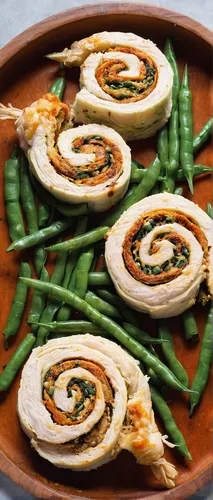 Stuffed Chicken Pinwheels with Roasted Green Beans,sandwich wrap,paratha roll,snack vegetables,herring roll,beef roulades,jiaozi,wrap roti,canapé,piadina,wraps,pane carasau,lavash,lefse,shrimp tortill