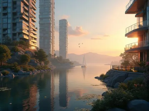 Lakefront skyscrapers, modern architecture, glass facade, steel structure, reflective windows, luxurious penthouse, rooftop garden, lake view, sunset time, warm golden light, misty atmosphere, surroun