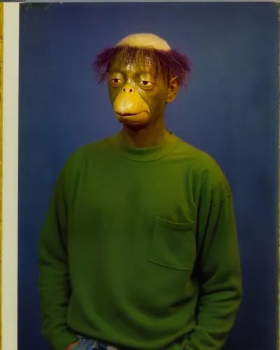 A 1990s studio yearbook photo of a stoner guy, homie has a green sweater, Dopey student yearbook photo from the 1990s, grainy 1990s photography shot on film,macaco,orangutan,simian,orang utan,monkey s