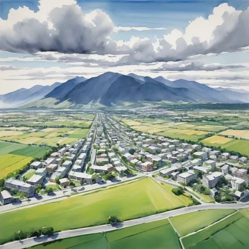 Aerial view of a city with mid-rise buildings and a prominent straight road, surrounded by green fields and mountain range in the background, under a cloudy sky.,a picture of an aerial view of an area