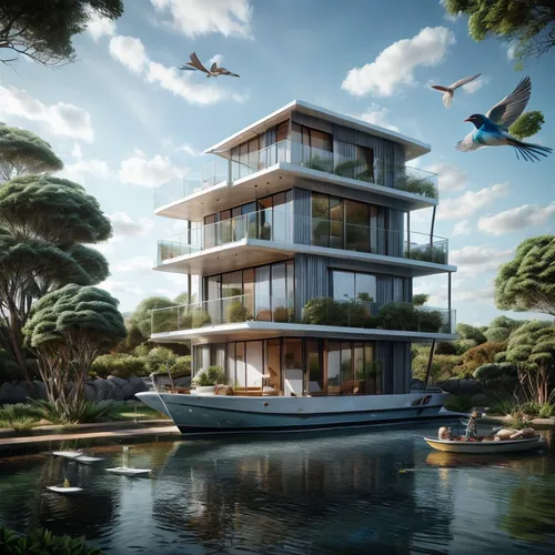 blue sky ,bird ,boat ,house by the water,floating island,cube stilt houses,floating islands,floating huts,stilt house,dunes house,stilt houses,houseboat,3d rendering,tropical house,house of the sea,ho