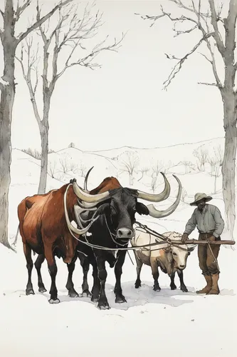 Man holding a plow behind two oxen.,oxen,horned cows,ox cart,buffalo herder,watusi cow,buffalo herd,oxcart,aurochs,cattle crossing,galloway cattle,livestock,nomads,mountain cows,allgäu brown cattle,hu