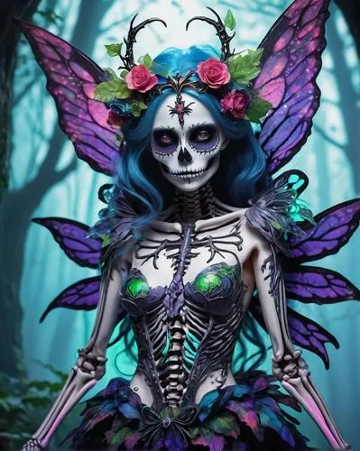 faerie,evil fairy,faery,voodoo woman,angel of death,day of the dead skeleton,day of the dead frame,fairy queen,flower fairy,fae,dia de los muertos,blue enchantress,la calavera catrina,la catrina,catrina calavera,garden fairy,fairie,fantasy art,deathbird,demoness,Illustration,Realistic Fantasy,Realistic Fantasy 19