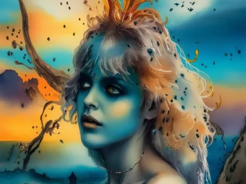 a painting of a girl with blue makeup,sirene,amphitrite,naiad,fantasy art,mermaid background,fathom,Illustration,Realistic Fantasy,Realistic Fantasy 15