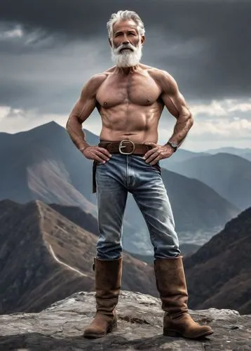 muscular old man, shirtless, rugged skin, white beard, grey hair, wrinkles on face, strong arms, weathered hands, ripped jeans, brown leather belt, worn-out boots, standing, confident pose, mountain p