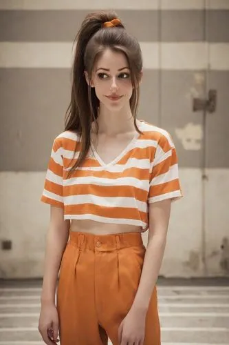 orange,orange color,orange half,teen,tangerine,bright orange,horizontal stripes,lindsey stirling,bleachers,retro girl,striped background,retro woman,girl in overalls,baby carrot,mini,orange cream,rockabella,suspenders,cute,striped,Photography,Natural