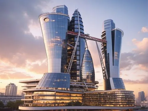 CREATE COMMERCIAL PHOTOREALISTIC TOWER, CLOUDY SKY, SHOPING CENTER AT GROUND AND FIRST FLOOR,a large modern skyscr structure with multiple curved buildings next to it,largest hotel in dubai,futuristic