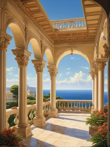 rosecliff,pergola,cochere,windows wallpaper,palladianism,loggia,luxury property,palatial,archways,miramare,neoclassical,mediterranean,pillars,ocean view,colonnades,porticoes,balcony,crillon,montecarlo,oceanview,Conceptual Art,Fantasy,Fantasy 28