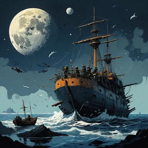 pirate ship,galleon,ghost ship,whaleship,sail ship,sea sailing ship,lightships,sea fantasy,shipwrecked,merchantman,sailing ship,shipwreck,tallship,spelljammer,privateering,piracies,sea scouts,voyaging,shipborne,ship travel,Conceptual Art,Sci-Fi,Sci-Fi 01