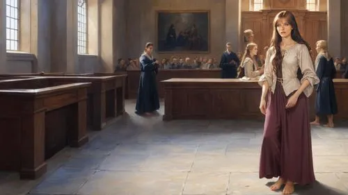 classicism painting: ((female defendant, long dress, barefoot. bare feet, bare toes)), inside 17th century courtroom, standing on stone floor,margaery,thingol,church painting,celtic woman,interconfess