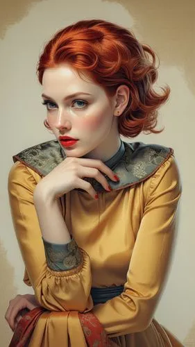 model woman, short hair, big lips, big eyes, goddess, silk fabric, Cel shading, red head,a drawing of a woman in an orange dress,triss,transistor,anchoress,redheads,redhead doll,ceremonials,Illustrati