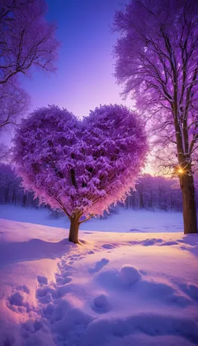 lilac tree,purple landscape,violet colour,purple and pink,tree heart,colorful heart,pink-purple,purple lilac,snow crocus,nature love,warm heart,snow tree,snow trees,purple chestnut,pale purple,the purple-and-white,purple-white,winter magic,lilac,heart-shaped,Photography,General,Cinematic