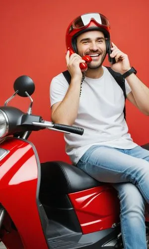 a smiling man sitting on the seat of a scooter with a helmet on talking on a phone,motorcycle tours,motorcyclist,motorcycling,motorscooters,motorbikes,motorcyclists