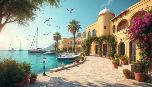 Romantic island scenery, light yellow Mediterranean style buildings, white dome roofs, ornate stone walls, blooming bougainvillea vines, turquoise blue waters, sailboats docked at the pier, seagulls f