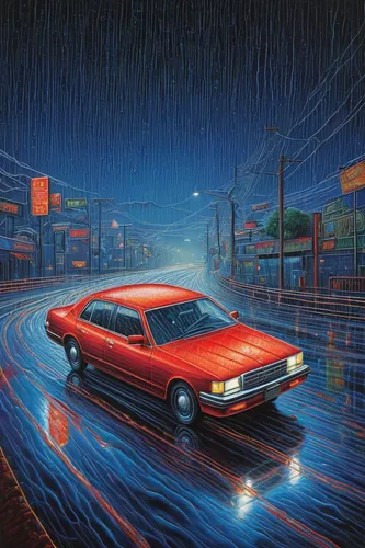 toyota ae85,e31,audi 80,pontiac ventura,ford xa falcon,porsche 924,chevrolet opala,rainstorm,ford granada,volvo 440,mitsubishi galant,audi 100,oldsmobile intrigue,rain,honda concerto,audi 90,in the rain,rains,rainy,80s,Illustration,Abstract Fantasy,Abstract Fantasy 21