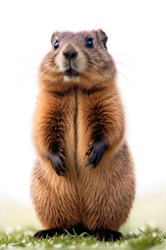 Groundhog, winter scene, furry body, whiskers, cute eyes, standing on hind legs, front paws together, brown fur, white chest, green grass, morning dew, soft sunlight, 3/4 composition, shallow depth of