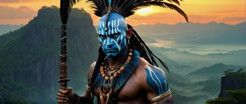 Na'vi warrior, strong muscular build, blue striped facial markings, braided ponytail, pierced nose, tribal tattoos on arms and chest, intricate headdress with feathers and bones, holding a staff made 