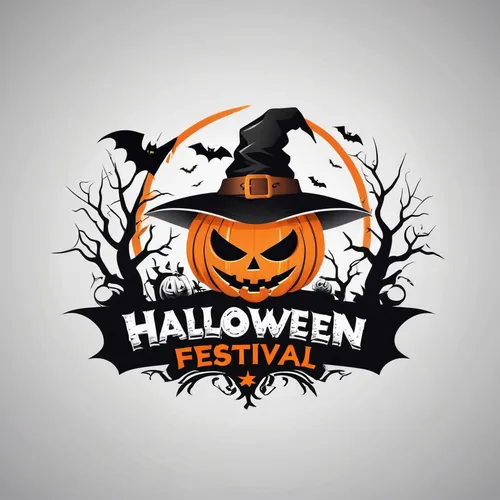 Design a minimalist logo for "Halloween festival", colors are black and orange, the iconic elements pumpkins, bats, witches, ghosts, and skeletons should be in logo, detailed and accurate, white backg