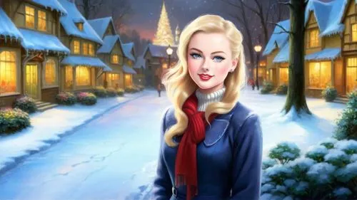 Romantic masterpiece oil painting, cute girl portrait, nostalgic 1950's style kitsch, breathtaking beautiful winter kingdom landscape, majestic fantasy scenery, evening lighting, highly detailed highr