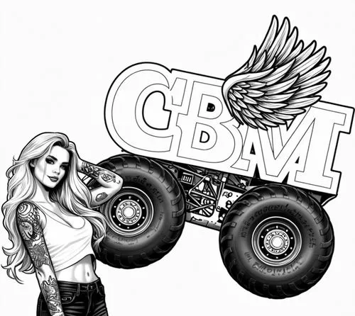 a logo with wings, on monster truck wheels. a beautiful tattooed woman. ,cbwt,cbw,cwi,cybil,cwd,cadi,cbm,cklw,scbwi,cwb,cgw,civilian,cbt,cbh,cvv,kenworth,cdw,cwr,cwbs,cbsi,Design Sketch,Design Sketch,