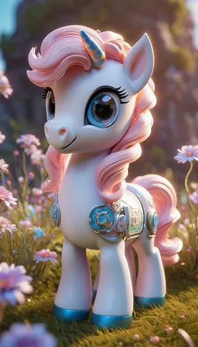 Pastel-colored, cute, little pony, solo, (young), sparkly, colorful mane, six styles, flowing, curly, wavy, straight, braided, decorated with flowers, ribbons, bows, shiny horn, big bright eyes, blush