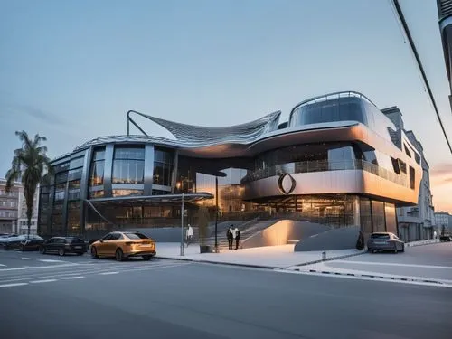 REMODELACION DE UNA PLAZA COMERCIAL, CON ARQUITECTURA NOVEDOSA,the sun shines brightly on a building with multiple levels,mercedes-benz museum,futuristic architecture,car showroom,mercedes museum,futu